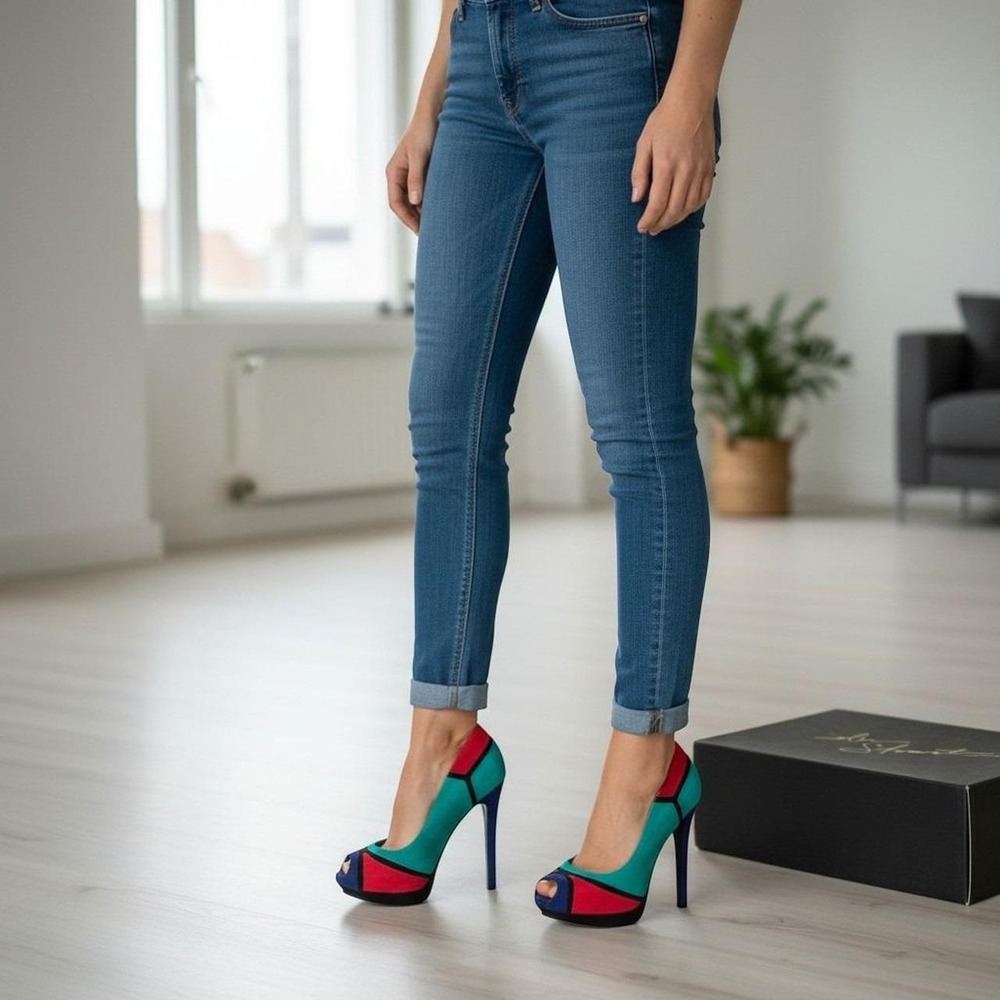 Colin Stuart Colorblock Peep Toe Platform Pumps Teal Red Blue 6B 289076-099